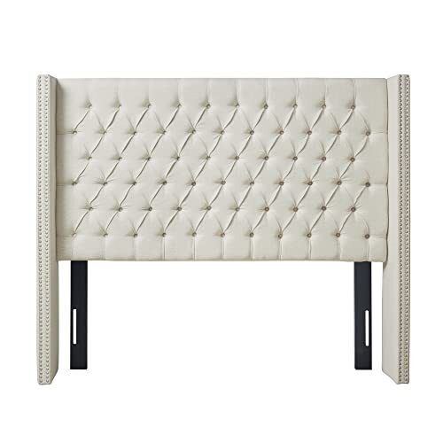 Amelia Upholstered Headboard | Nail Head Trim Wingback Button King Cream - Picture 2 of 7