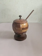 TROPICAL HARDWOOD MULTI-WOOD BOWL WITH LID & SPOON Vintage 
