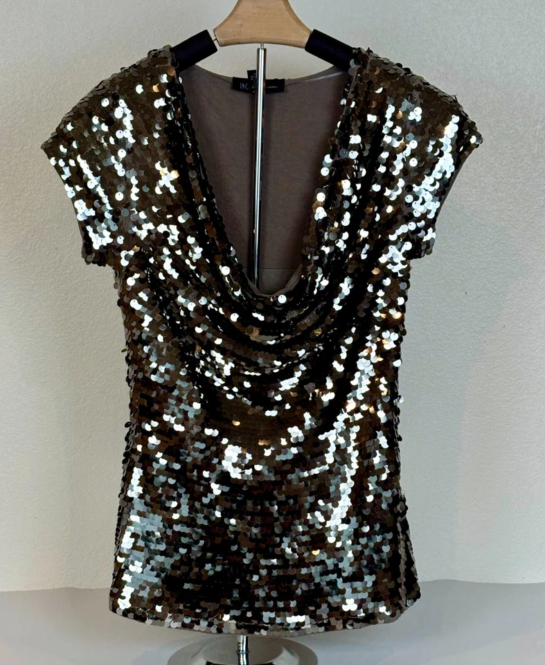 INC Top Womens S Silver Sequin Cowl Neck Short Sleeve Party Cocktail Glam Sexy - Image 3 of 4