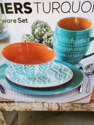 Turquoise Tangier, dish set for 4, 16 piece dinnerware set, family