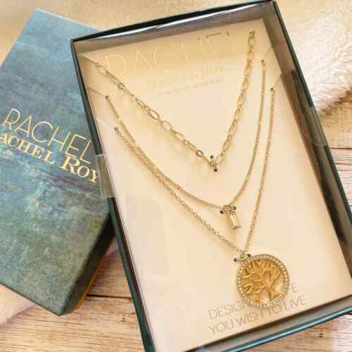 Rachel Roy Tree of Life Pendant Necklace Set Gold Tone Rhinestones Layered New - Picture 1 of 9