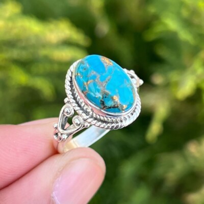 Blue Copper Turquoise Split Shank Ring-925 Silver Statement Ring Women's Gift