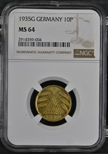 Germany Weimar Republic 1935 G 10 Reichspfennig, KM# 40, NGC MS 65
