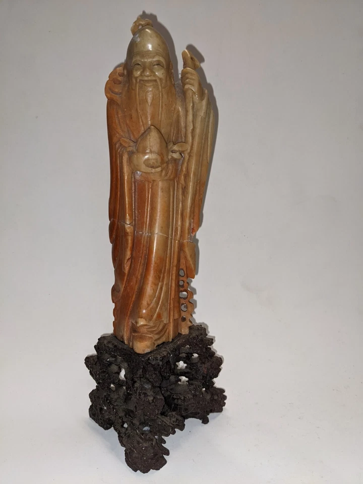 Antique Late 19th C Chinese Red Soapstone carving of Shou Lao Statue Figurine - Image 2 of 4