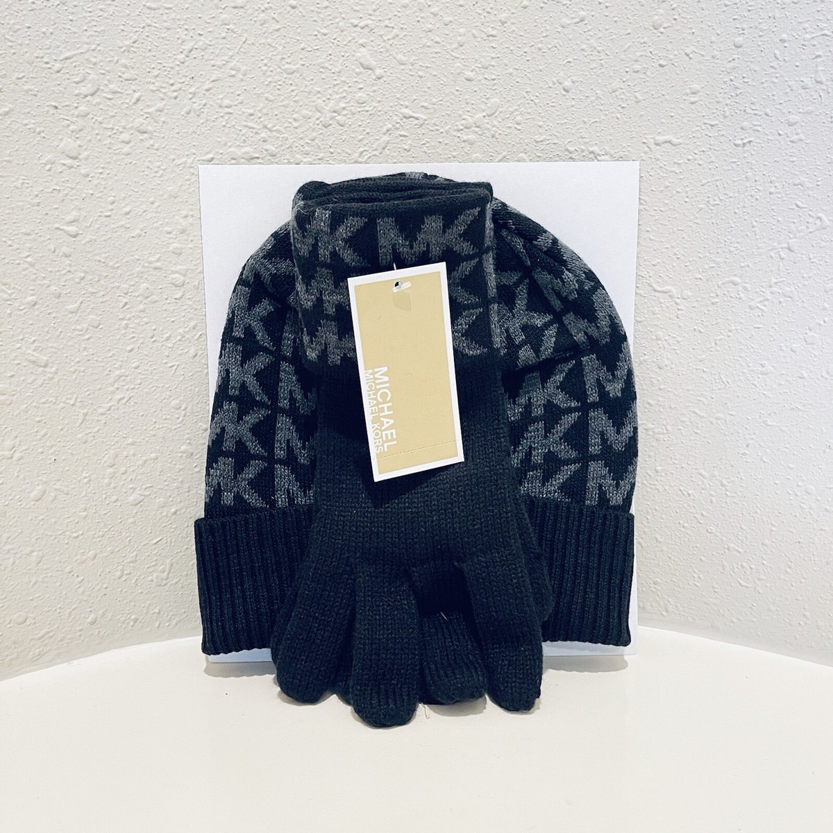 Michael Kors Knit Glove & Beanie Set Gray & Tonal Gray Logo OS NWT Michael Kors MK Logo Knit Beanie, Scarf & Gloves 3-Piece  main image 3