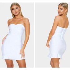 PRESLI WHITE BANDAGE FRILL HEM BODYCON DRESS WORN ONCE BACHELORETTE BRIDE SMALL