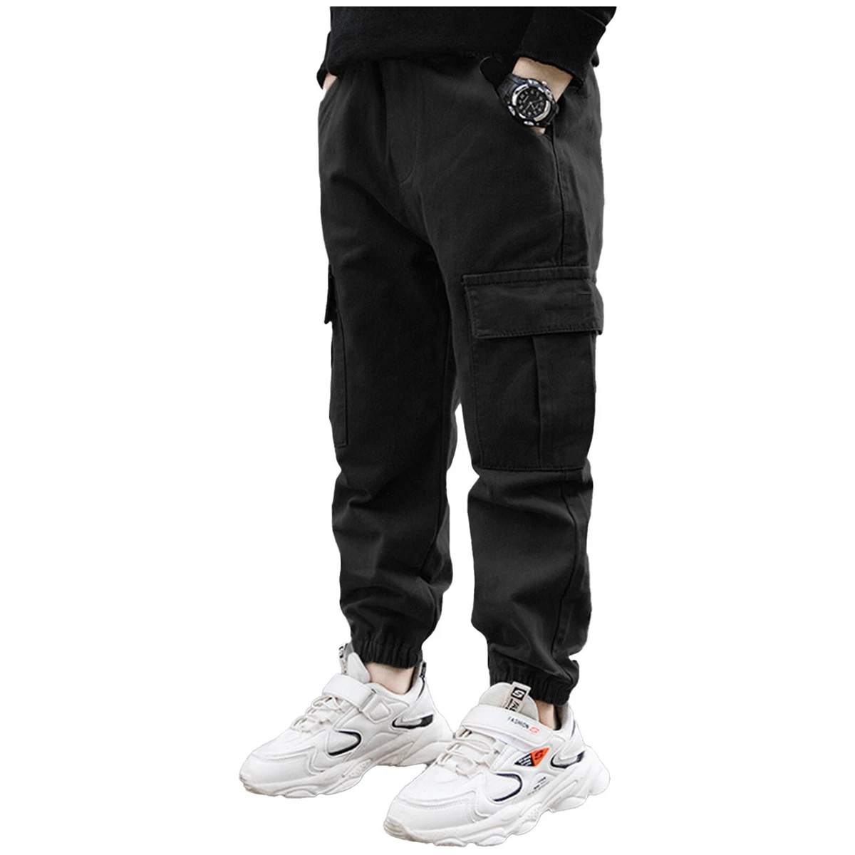 Boys Cargo Trousers Elasticated Waist Outdoor Pants with Multi Pockets for Kids