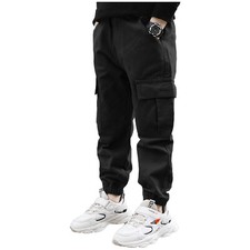 UK Kids Boys Cotton Cargo Jogger Pants Elastic Waist Casual Trouser w/Pocket