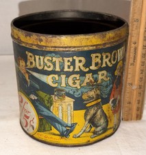ANTIQUE BUSTER BROWN CIGAR TIN LITHO TOBACCO SMOKING CAN CARTOON TIGE DOG COMIC