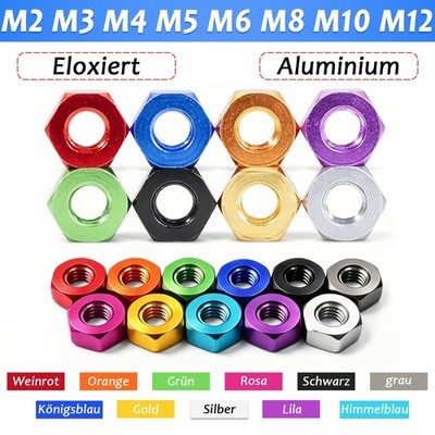 Sechskantmutter Alu Eloxiert 6063 Modellbau Leicht DIY M2 M3 M4 M5 M6 M8 M10 M12