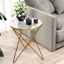 Modern Round Side Table, End Table with Marble Effect Top and Gold Metal Frame,
