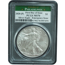 2020 Silver Eagle First Day of Emergency Issue PCGS MS70 *JE