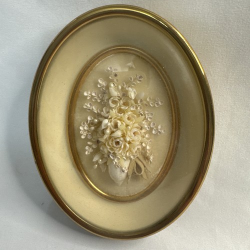 Vintage Floral Seashell Art Domed Bubble Glass Oval Brass Frame Velvet Back