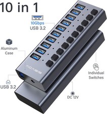 Acasis 10Gbps USB 3.2 Hub 10 Port On/Off Switch with AC Power Adapter for Laptop