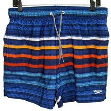 Speedo Men's Blue Striped Swim Trunks Board Shorts Mesh Liner Medium Fast Ship