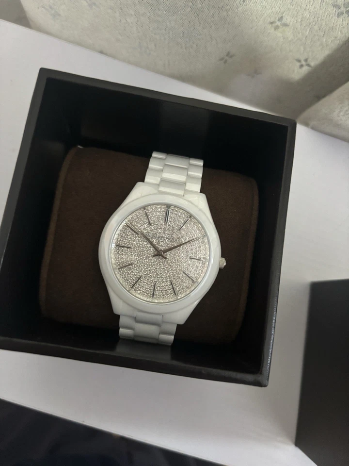 Nuevo con caja: Michael Kors MK3448 reloj de pasarela delgado para mujer, correa de cerámica blanca Foto 3 de 4