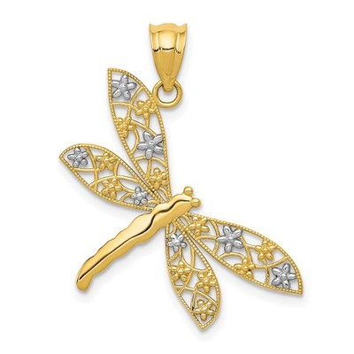 14k bicolor Gold filigran Libelle Anhänger L-1,11 Zoll, W-1,01 Zoll