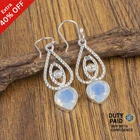 Sterling Silver Heart Milky Opal Gemstone Drop October Birthday Earrings Jewelry