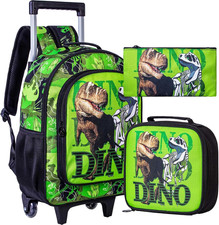3PCS Rolling Backpack for Boys, Kids Dinosaur Bookbag with Roller Wheels, Suitca