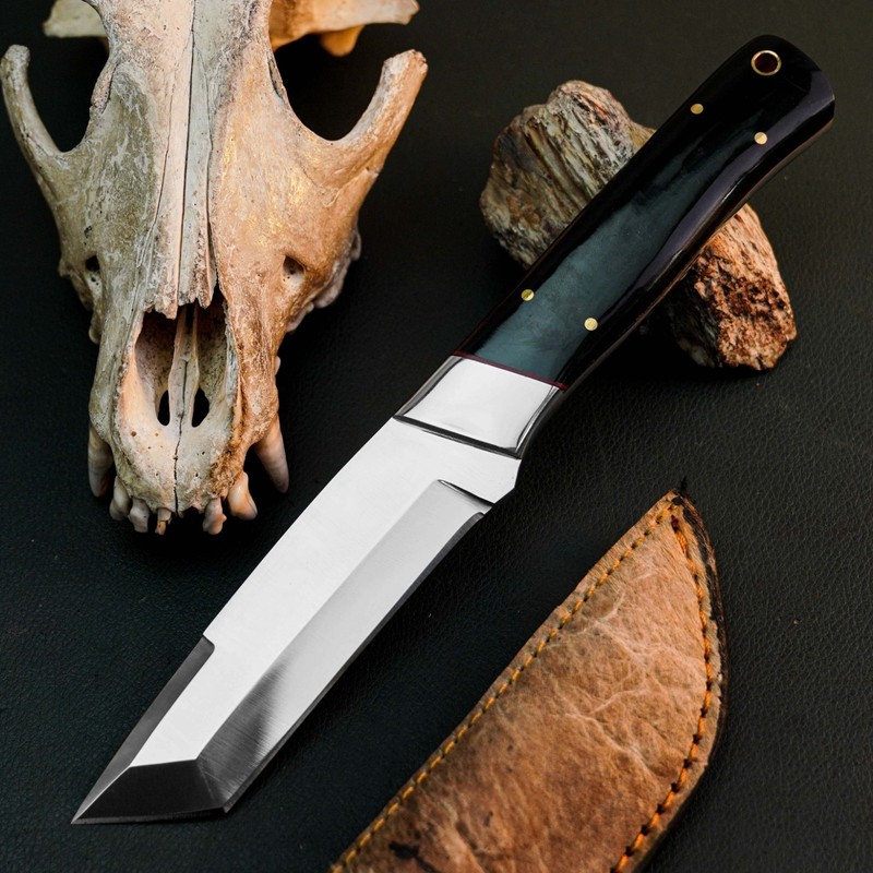 8.9" D2 Tactical Camp Knife Full Tang Resin Handle Fixed Blade Leather Sheath