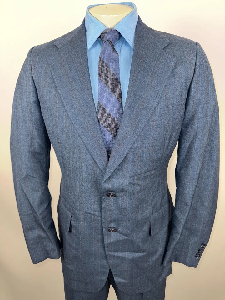 NOS Botany Suit Mens 42 Long Jacket 36 Pants Unhemmed Blue Striped Vtg 1960s MCM - Image 4 of 4