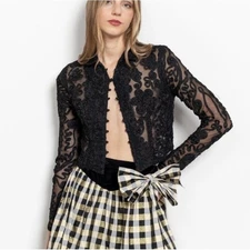 Vintage 90s CACHE Black Sheer Mesh Beaded Jacket Womens L Cropped Embellished 