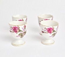 Vintage Made in Japan Pink Rose Floral Footed Egg Cups Set of 4 Gold Trim
