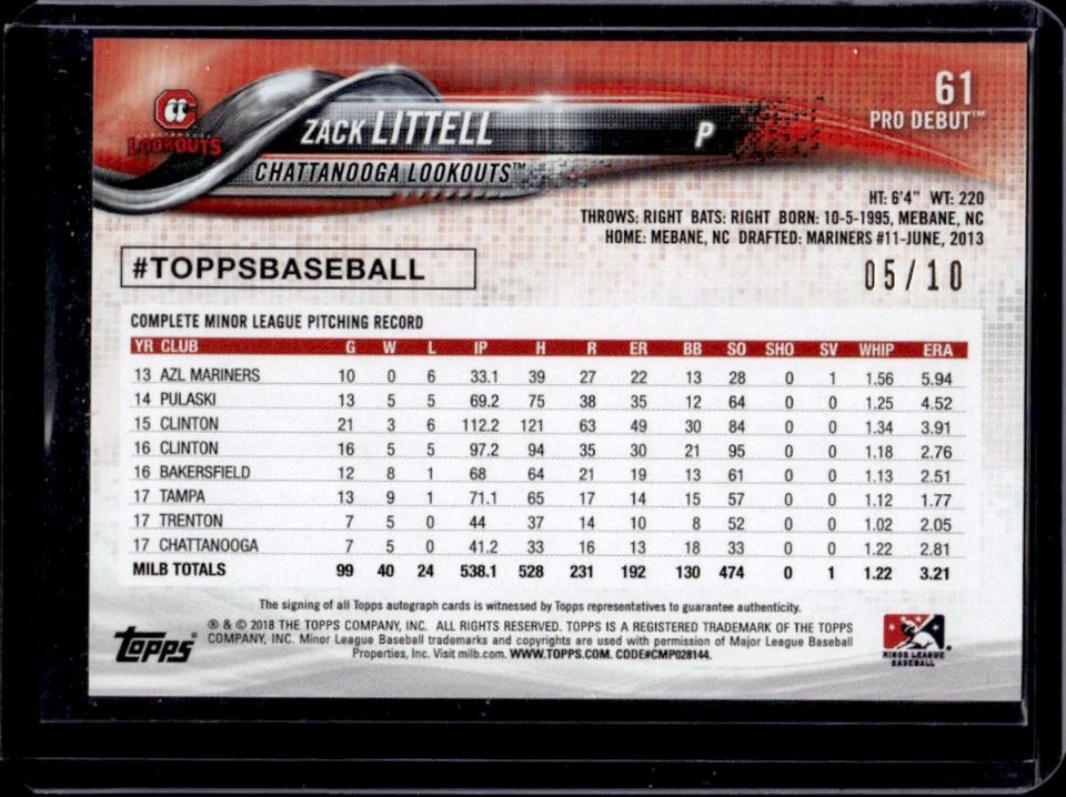 2018 Topps Pro Debut Zack Littell Auto Red Rookie RC #5/10 - Image 2 of 2