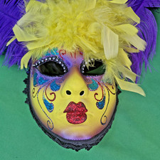 Carnival Venetian Feather Mask Italian Hand Painted Masquerade Yellow Purple NOS