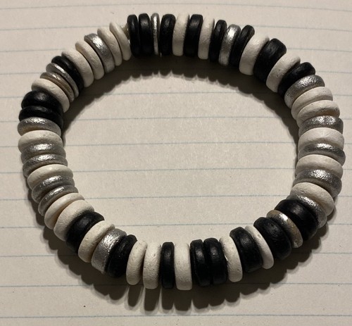 White/Black/Silver Flat Polymer Clay Beads Stretch Bracelet