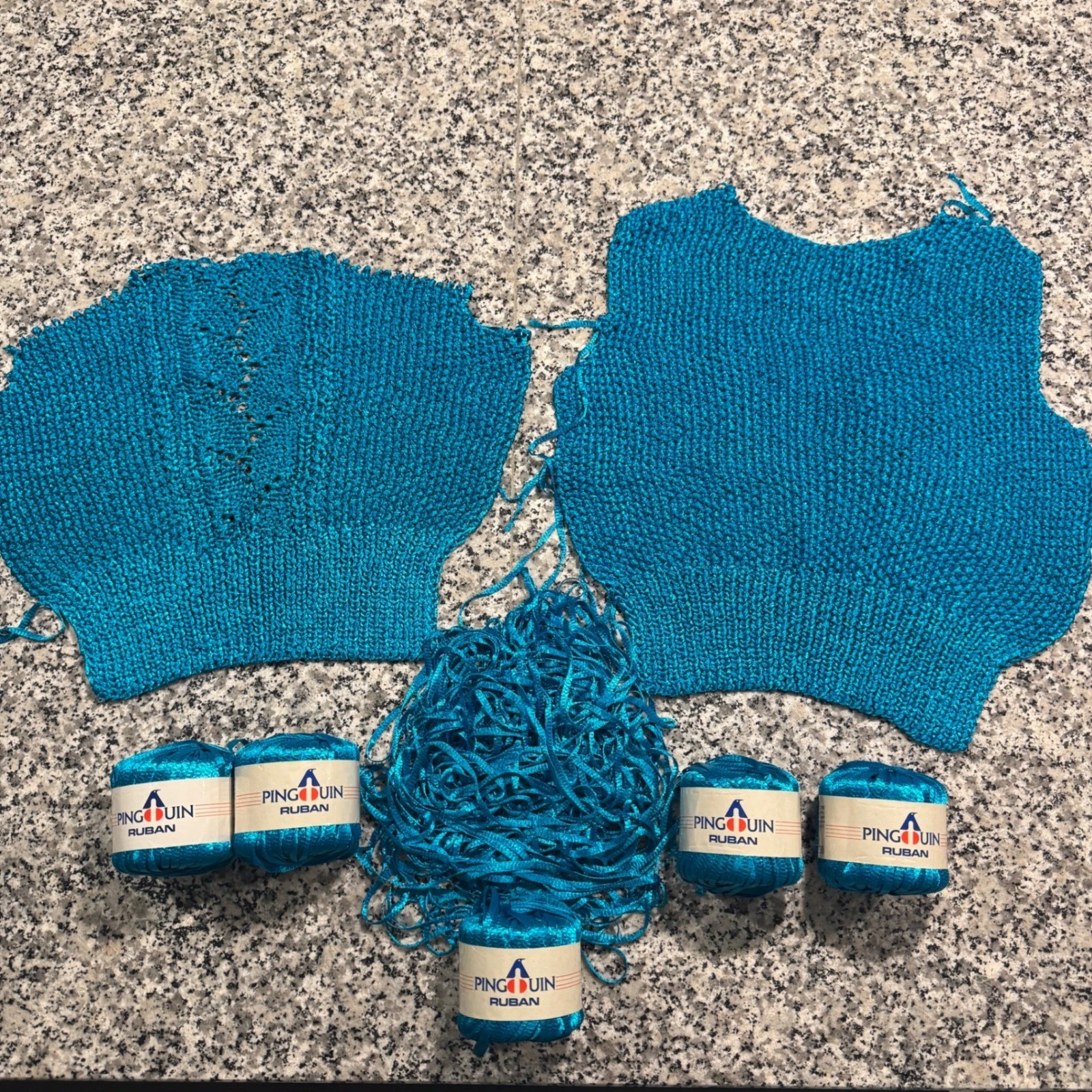 Pingouin Ruban Ribbon Yarn Turquoise Blue Lot of 5 Plus Pre-worked Knit Panels - product detail image 1