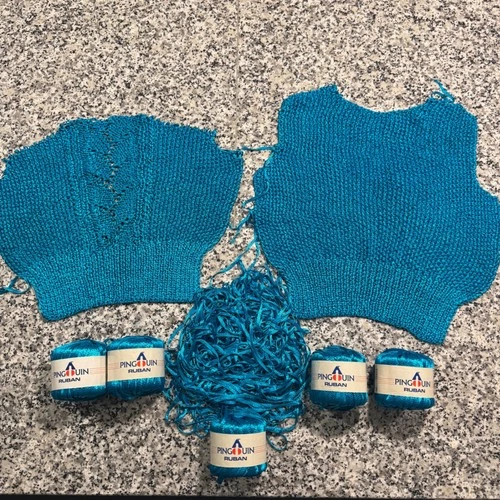 Pingouin Ruban Ribbon Yarn Turquoise Blue Lot of 5 Plus Pre-worked Knit Panels - product listing photo