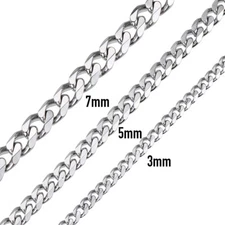 3/5/7mm Silver Tone Curb Cuban Link Chain Necklace Stainless Steel For Men Women