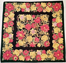 VINTAGE AUTHENTIC BAROQUE FLORAL ART ROSES GREEN RED BLUE YELLOW 35"SQUARE SCARF