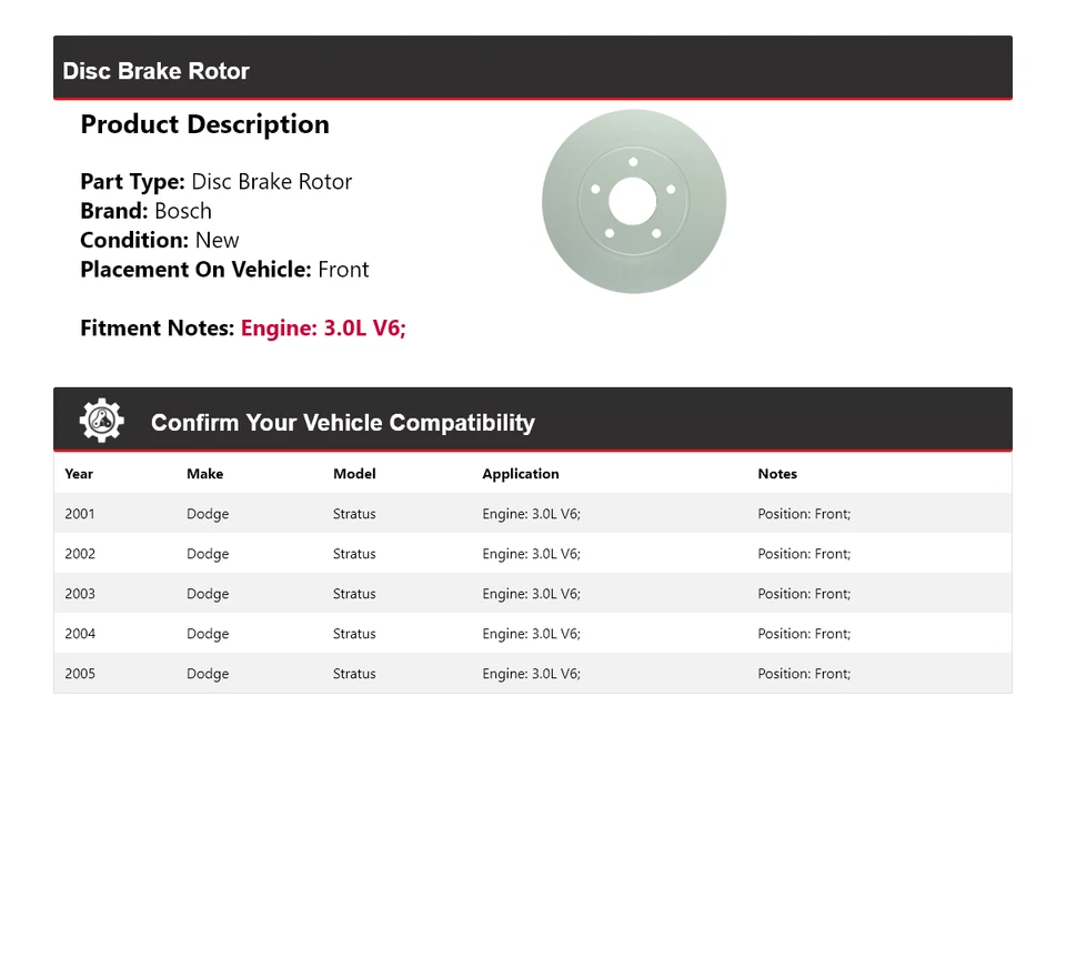 适用于 2001 - 2005 道奇 Stratus 3.0L V6 博世 QuietCast 盘式制动转子 前 2002 — 第 2/4 张图片
