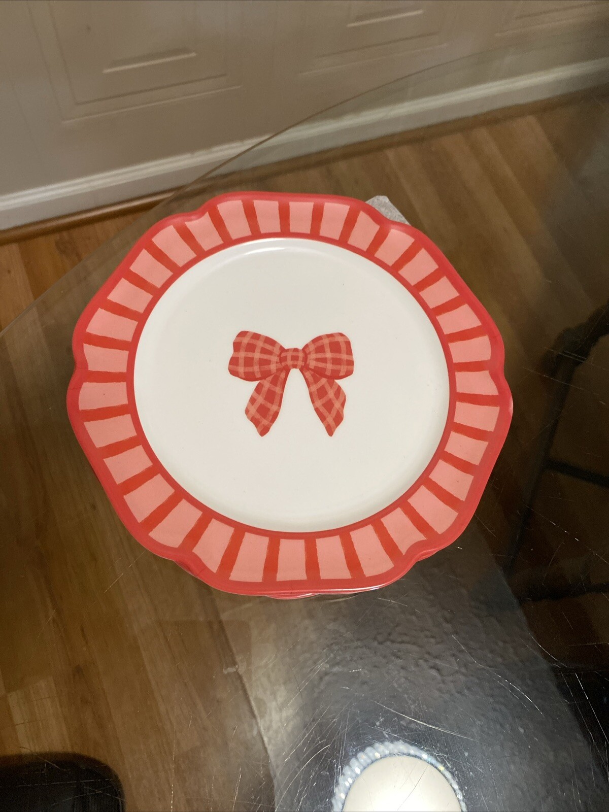 Cupcake BOWS & HEARTS Pink Red Melamine 8.5” Salad Plate Valentine's Dots-image