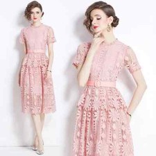 Vestito Abito Lungo Elegante Bohoo Morbido Rosa Pizzo Longuette GIPSY 06797