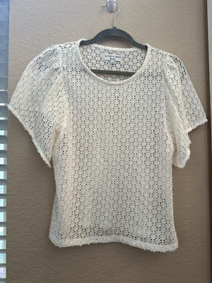Madewell Texture & Thread Top Medium White Short Sleeve Flutter Sleeve See Thru