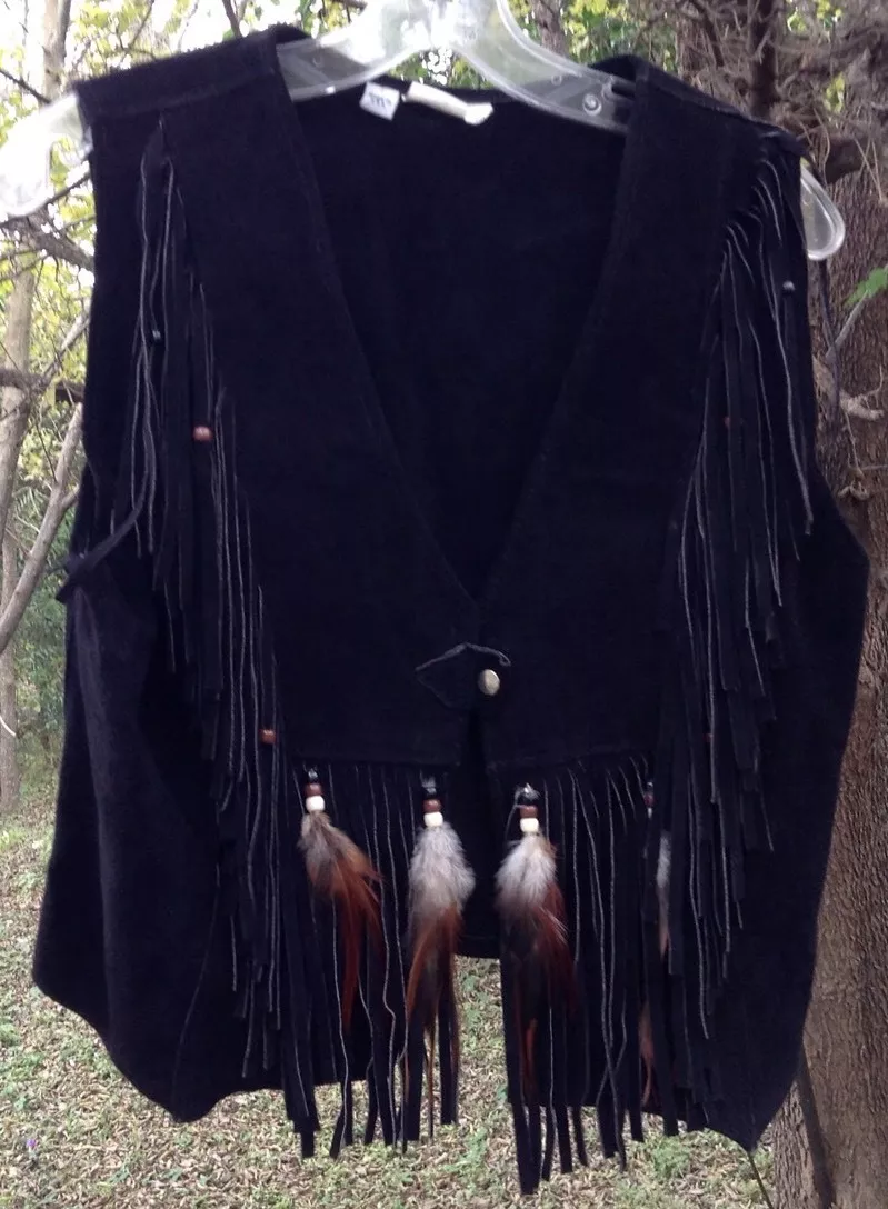 Vtg 80s? Black Suede Fringe Vest Feathers Women Sz M PowWow Boho Festival Hippy