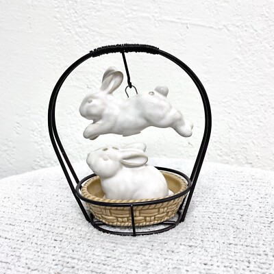 Pottery Barn Easter Jumping Bunny Salt & Pepper Shakers Set with Basket Tray