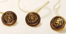 Vintage Gold Tone Metal Shank Buttons Shield Crest with String 5/8" Lot Of 3
