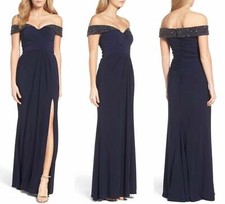 NEW $218 XSCAPE Off the Shoulder Beaded Gown Navy Blue [ SZ 6 ] #e578