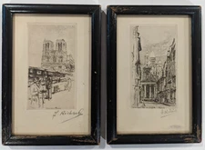 Two Antique Original French Etchings Notre Dame, Sacre Coeur in Original Frames