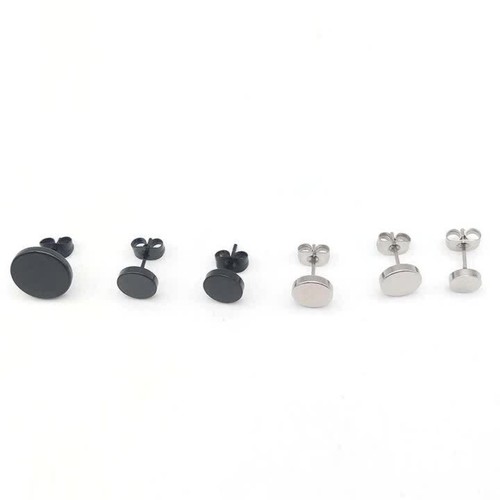 6 Pairs Black Flat Round Ear Studs Stainless Steel Plug Stud Earrings Men Women - Picture 3 of 7
