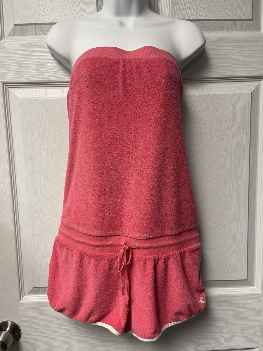 Express Pink Terry Cloth White Trim Y2K Tube Strapless Beach Romper Size  Medium