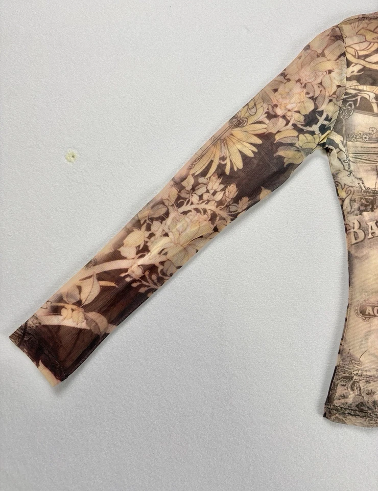 Top Just In Time USA para mujer de malla manga larga banque colonial transparente Y2K pequeño Foto 3 de 4