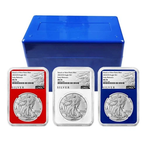 2024 (W) $1 American Silver Eagle 3pc Set NGC MS70 ER ALS Label Red White Blue