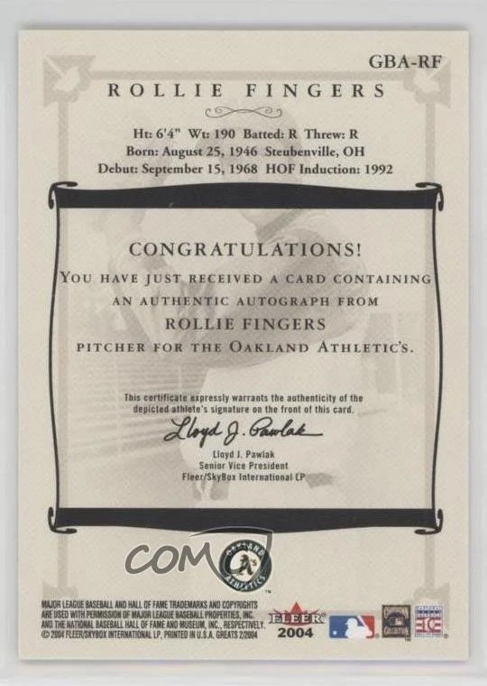 2004 Fleer Greats of the Game Auto Rollie Fingers #GBA-RF Auto HOF - Image 2 of 2