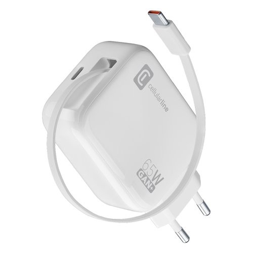 Cellular Line Caricabatterie USB Type-C RETRACTABLE 65W GaN White