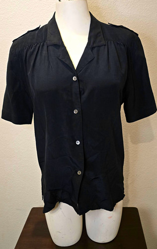 Liz Claiborne, Liz Claiborne Vintage Black Silk Button Front Short Sleeve Epaualet Blouse 12